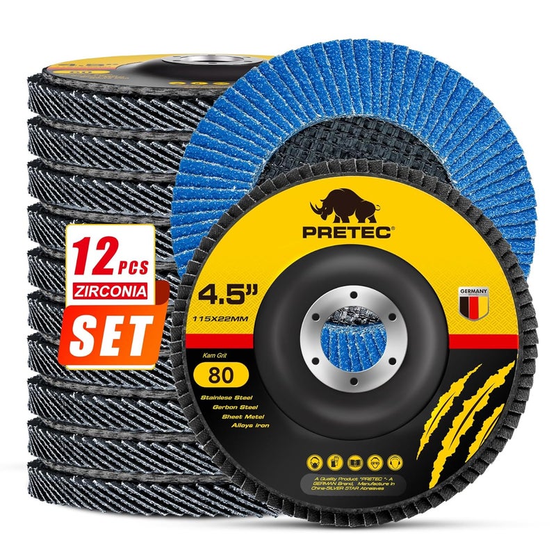 PRETEC Flap Discs 4 1/2 for Angle Grinder, 12 Pcs Flap Discs 80 Grit, 4.5" x 7/8" High Density Zirconia Type 27 Flap Sanding Disc for Grinding, Rust Removal, Sanding and Finishing - 12 Packs - Image 1